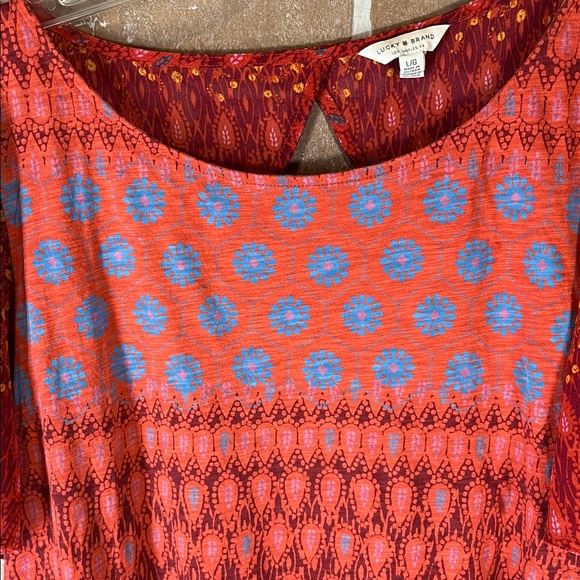 Lucky Brand Top Women’s Red Boho Print Flutter Sleeve lightweight Summer Large - Picture 4 of 12